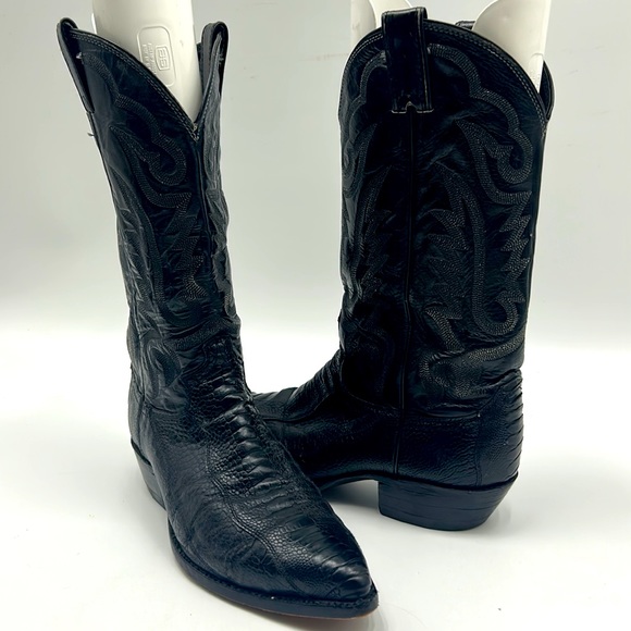 JUSTIN BOOTS MENS SIZE 9.5 ANIMAL SKIN LEATHER COWBOY BLACK BOOT MADE IN USA - Picture 1 of 12